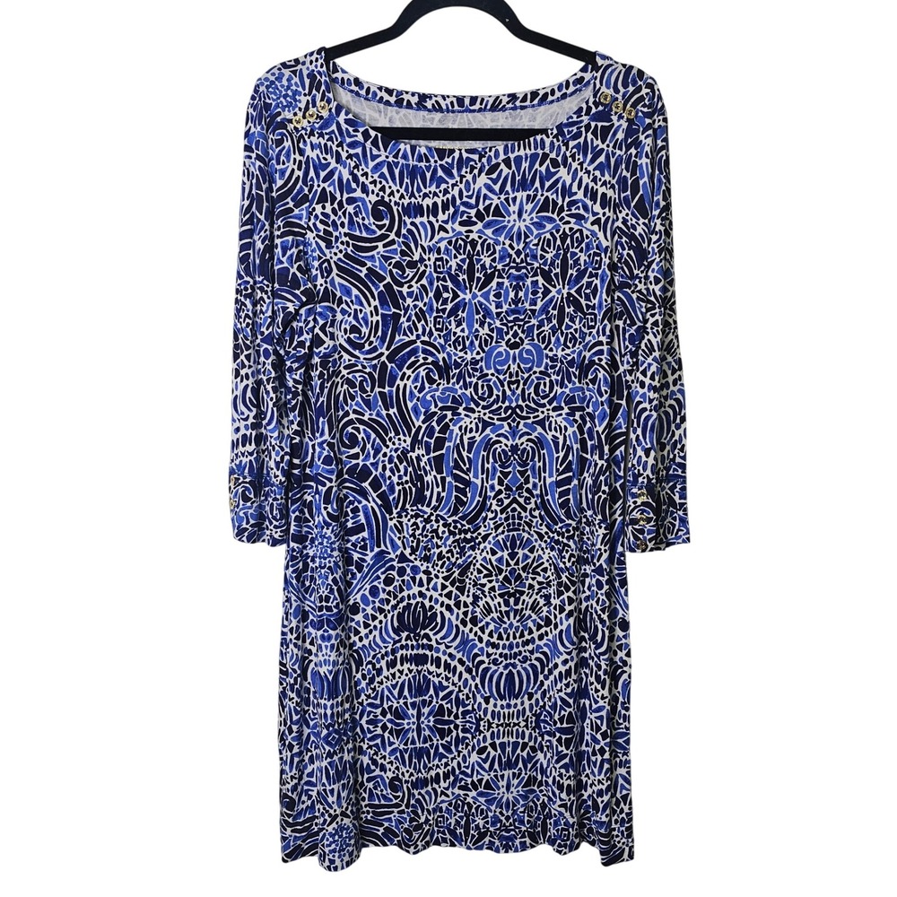 Lilly Pulitzer Sophie Dress Blue White Print 3/4 Sleeve‎ Boat Neck Stretch Large